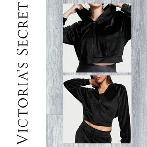 Victoria's Secret Black Velour Full Zip Hoodie With Pink Logo - Women's Small